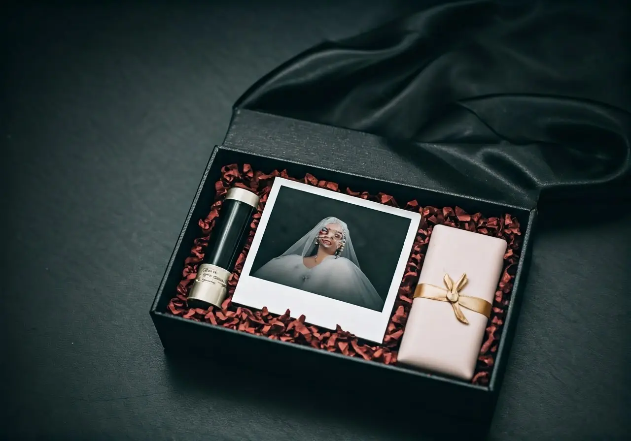 A beautifully arranged bridal gift set with elegant packaging. 35mm stock photo