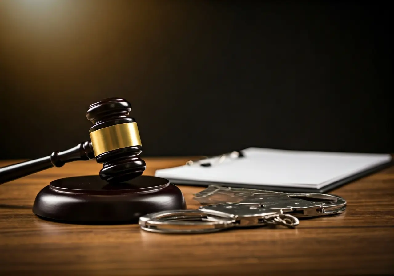 A gavel and handcuffs on a lawyer’s desk. 35mm stock photo