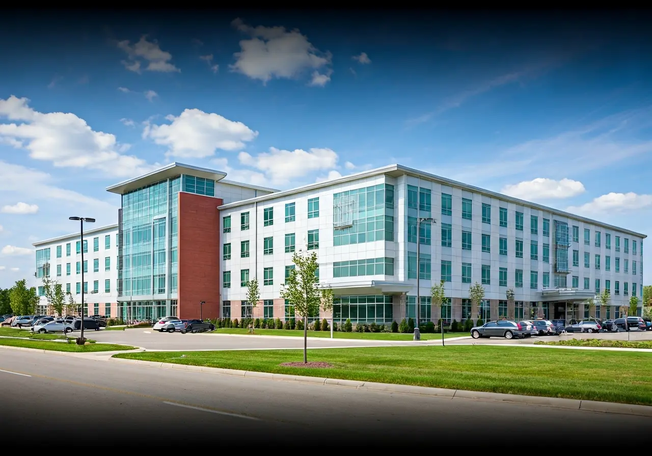 A scenic view of a modern medical facility exterior. 35mm stock photo