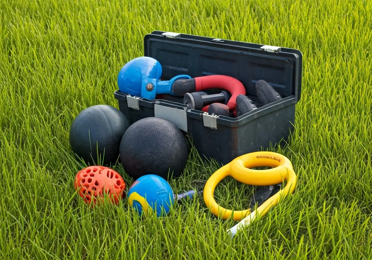 A toolbox with various athletic therapy tools on grass. 35mm stock photo