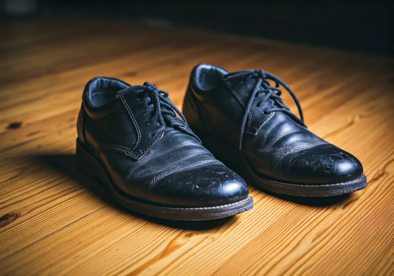A close-up of orthopedic shoes on a wooden floor. 35mm stock photo