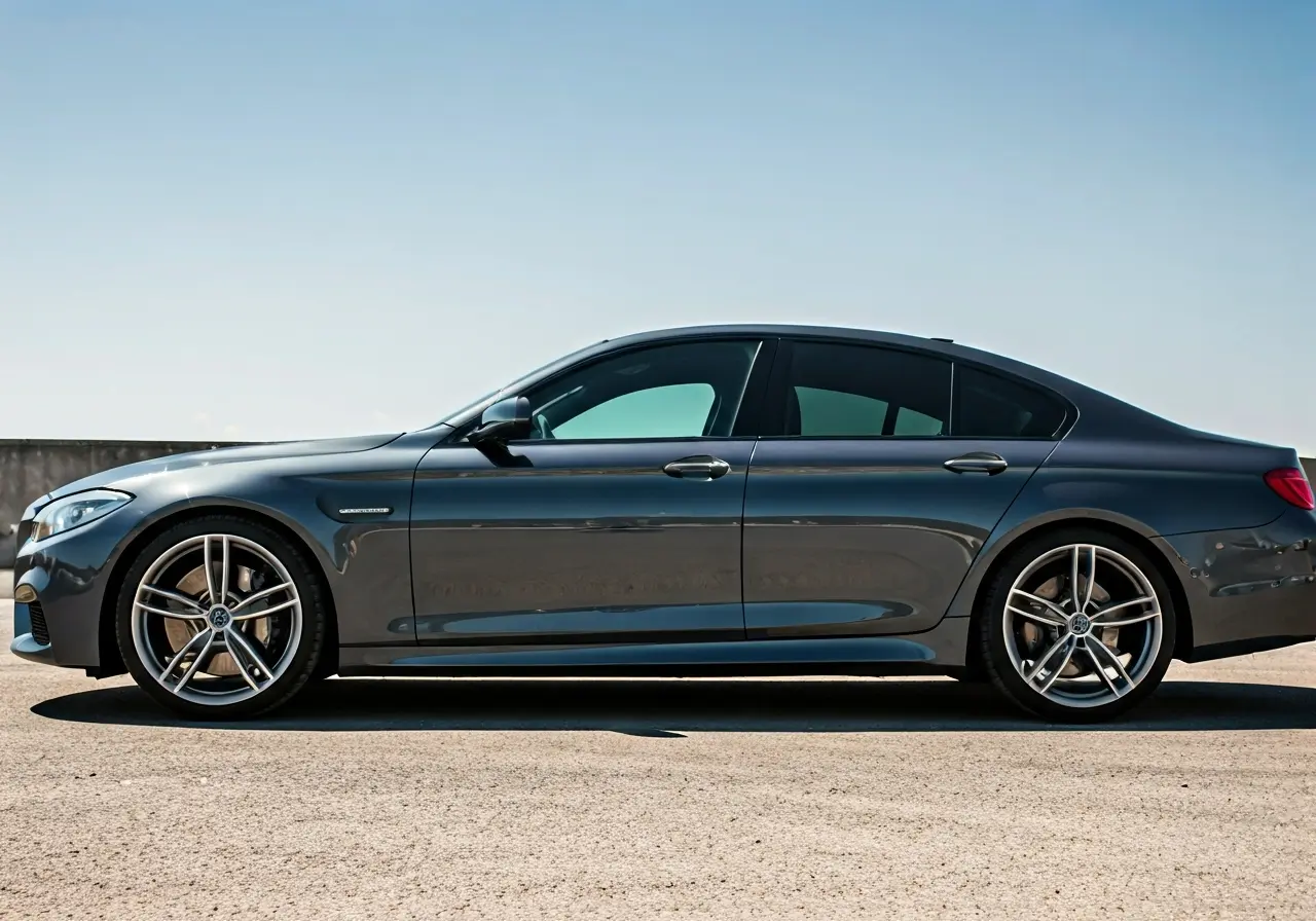 A sleek car with tinted windows parked under bright sunlight. 35mm stock photo