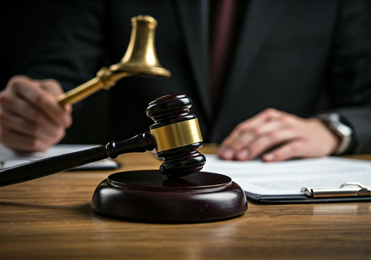 An auctioneer’s gavel on a table with paperwork. 35mm stock photo