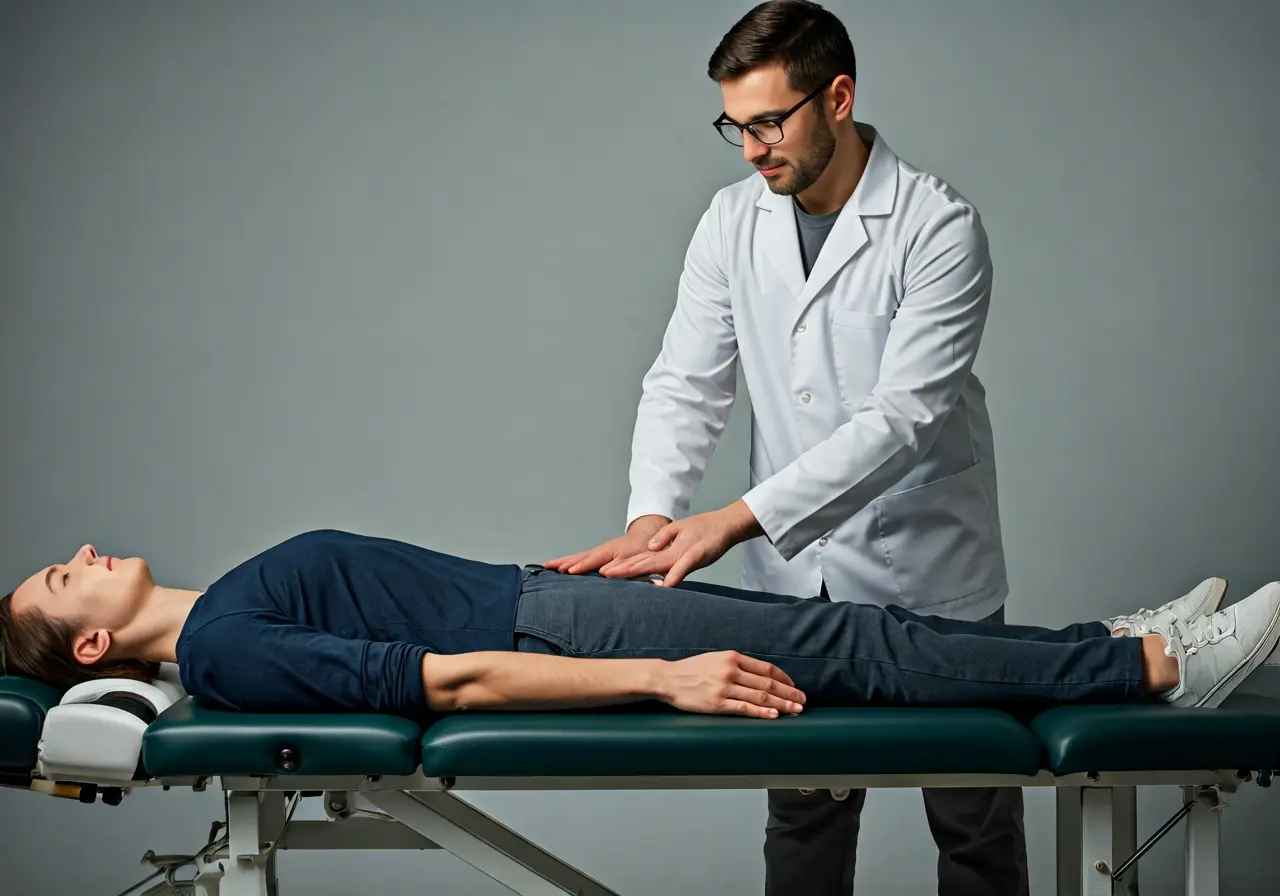 A chiropractor gently adjusting a patient’s spine on a table. 35mm stock photo