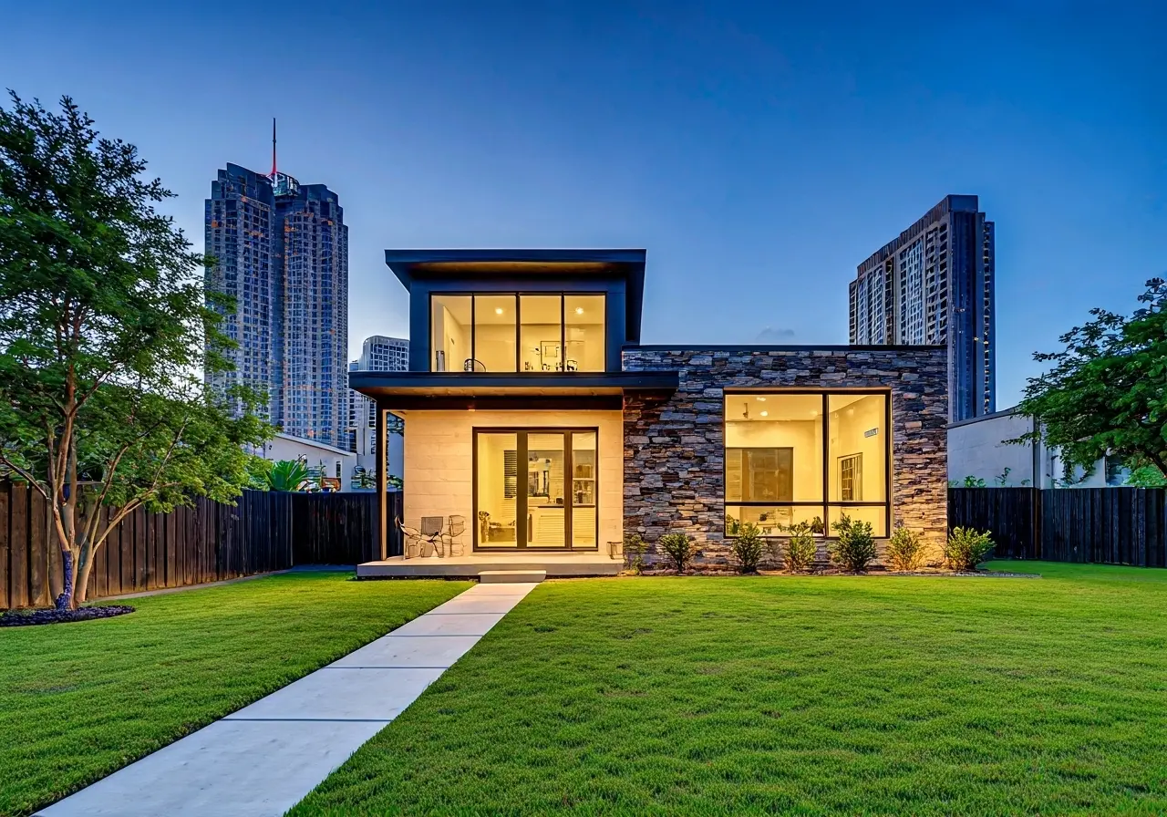 A modern vacation rental house with vibrant San Antonio skyline. 35mm stock photo