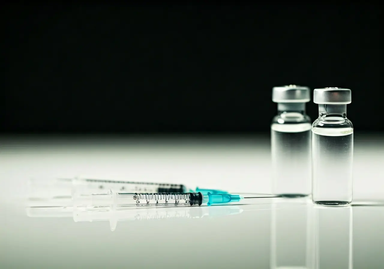 A close-up of cosmetic injection vials and syringes. 35mm stock photo