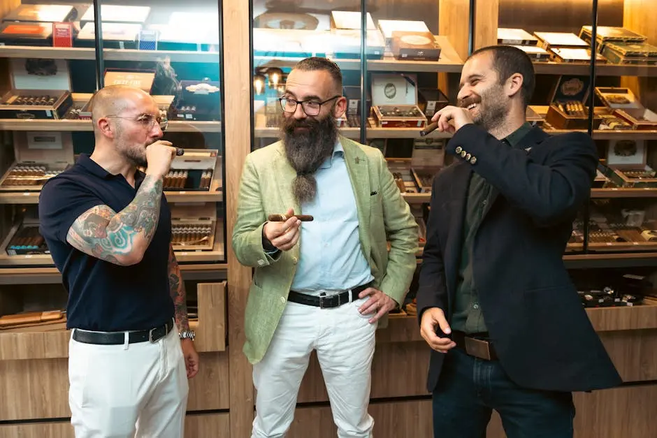 Three men enjoying cigars together in a cigar store, laughing and chatting.