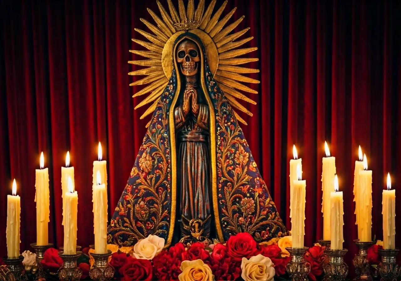 A colorful Santa Muerte statue adorned with candles and flowers. 35mm stock photo