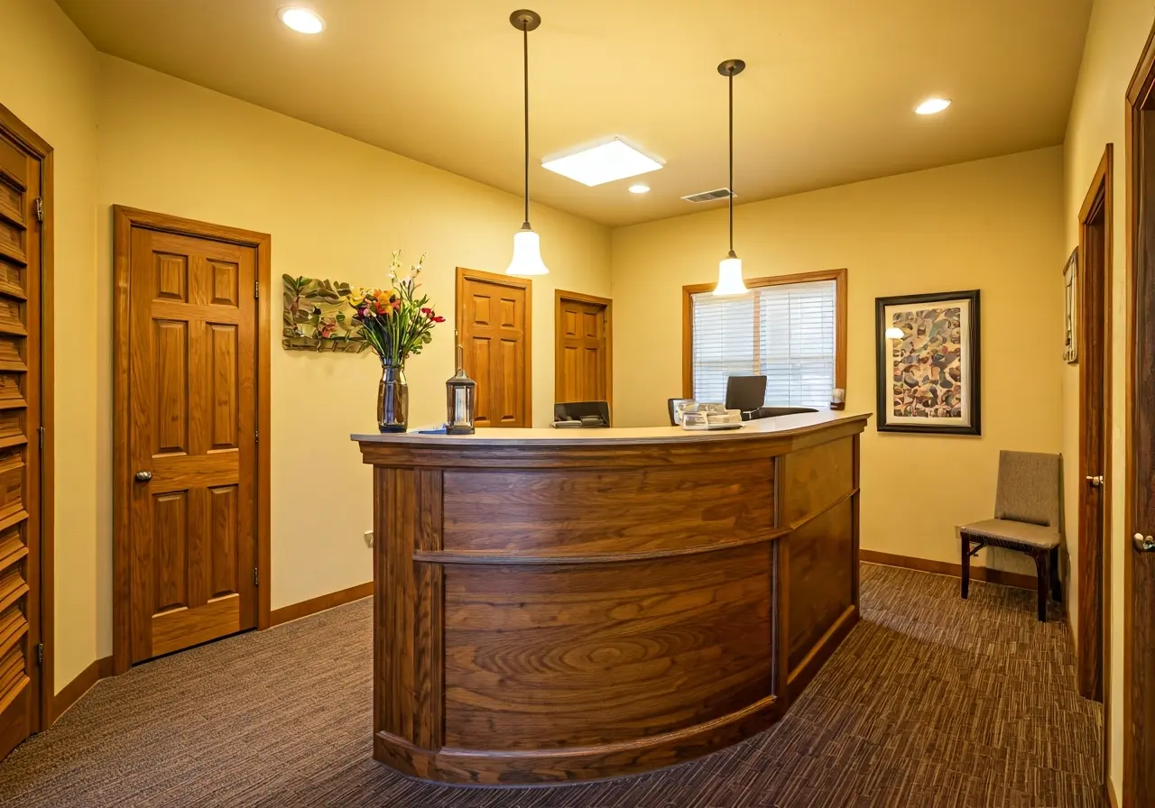 A cozy chiropractic office with a welcoming reception desk. 35mm stock photo