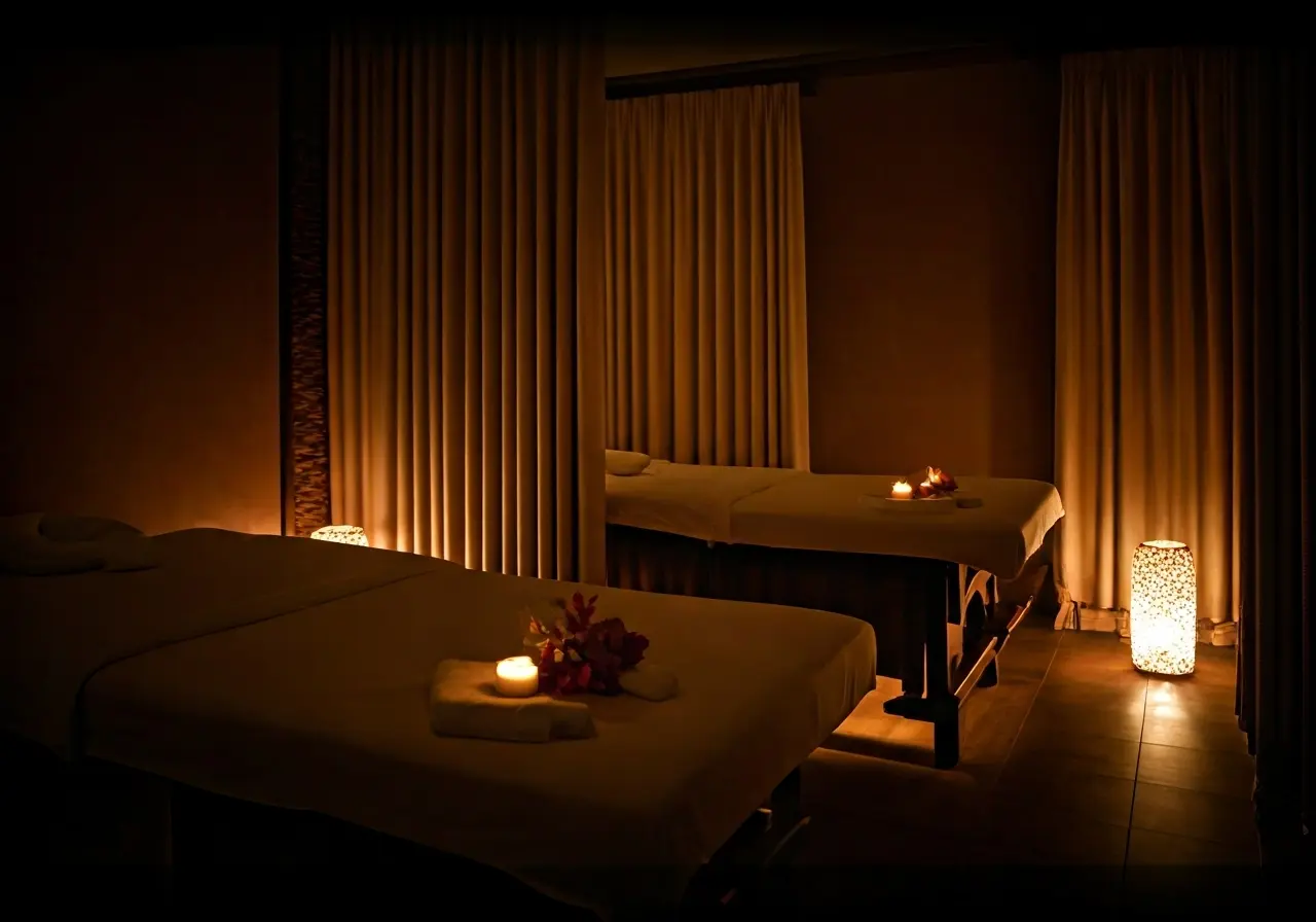 A serene spa scene with massage tables and dim lighting. 35mm stock photo