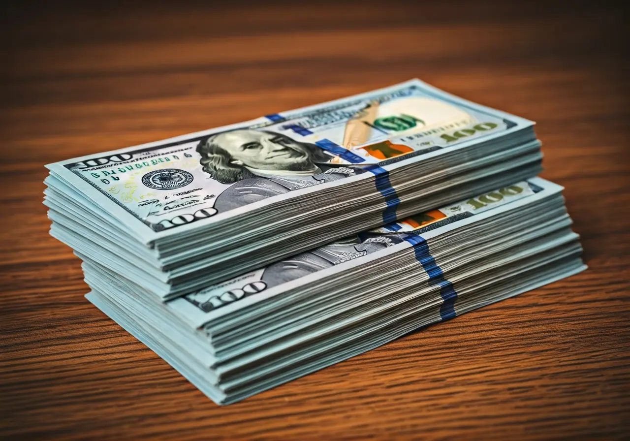 A stack of hundred-dollar bills on a wooden table. 35mm stock photo