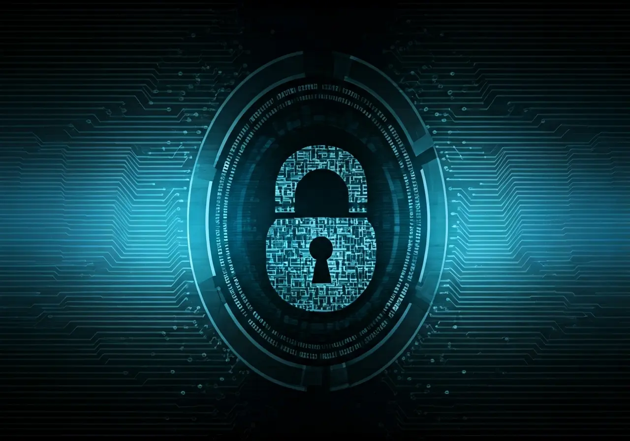 A digital lock symbol on a circuit board background. 35mm stock photo