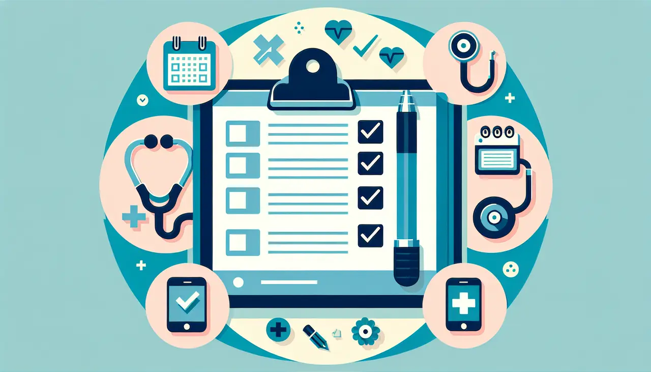 Draw a graphic in flat design style. An image of a clipboard with a checklist that has eight checkboxes, surrounded by simple icons representing healthcare, like a stethoscope, a calendar, and a microphone, in a clean, organized layout.