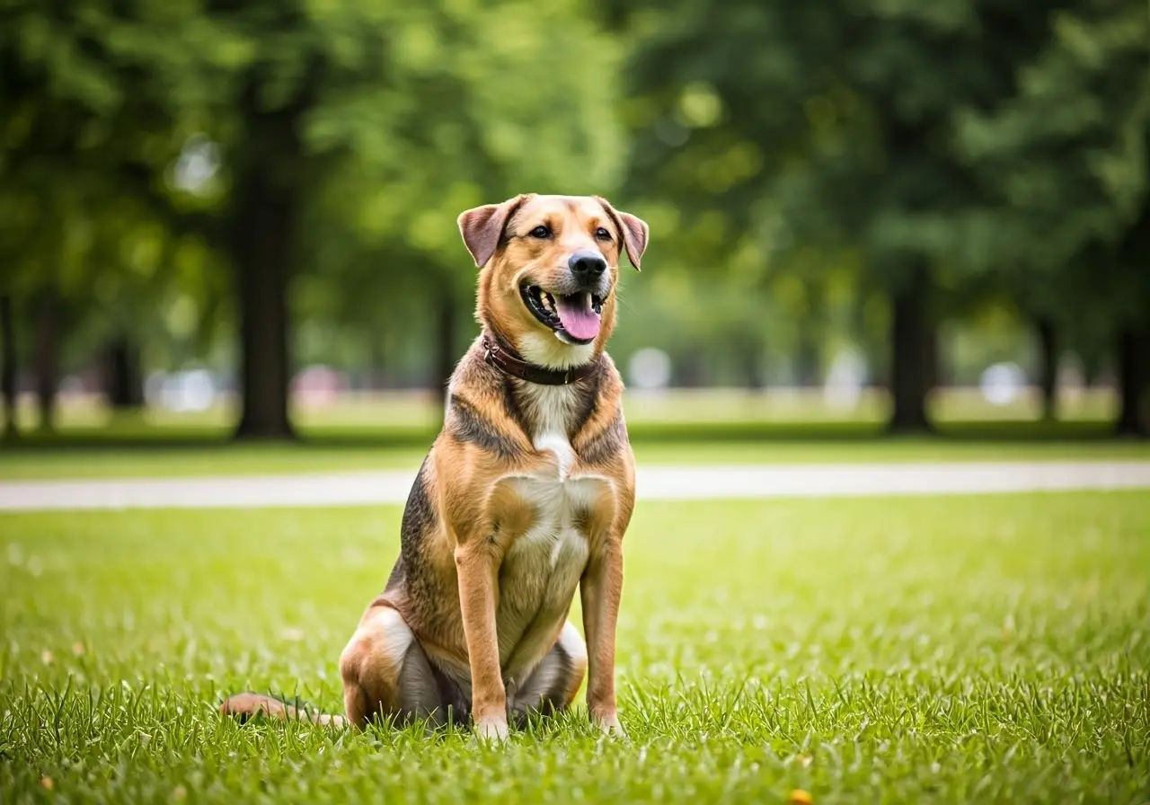 A smiling dog sits obediently in a green park. 35mm stock photo