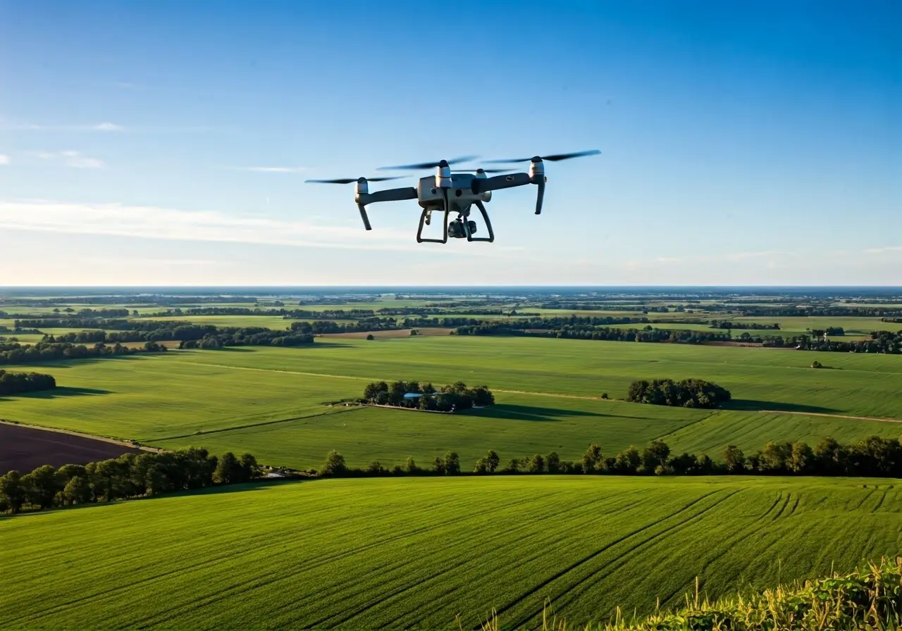 A drone flying over a vast, lush green farmland. 35mm stock photo