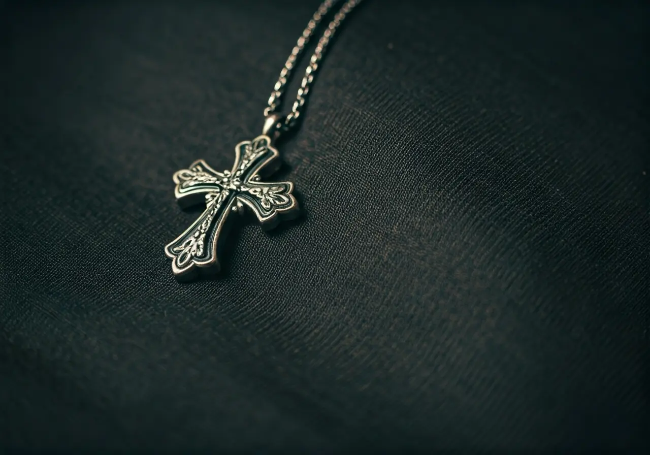 A cross-shaped pendant resting on a folded designer T-shirt. 35mm stock photo