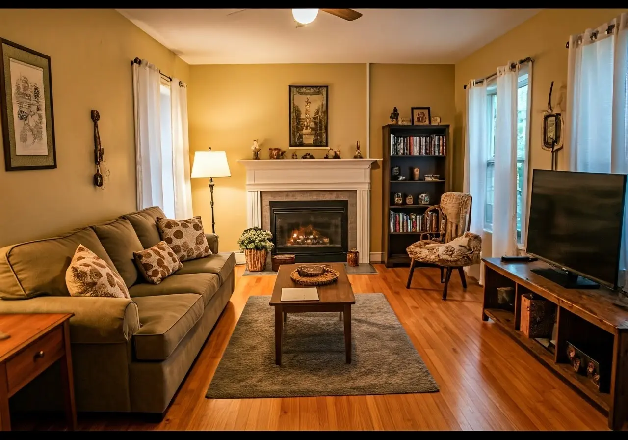 A cozy, well-organized living room in a Fayetteville Airbnb. 35mm stock photo