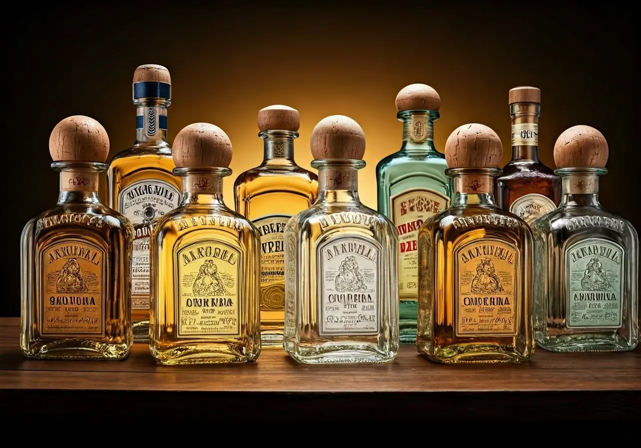 A vibrant display of assorted tequila bottles and cocktail garnishes. 35mm stock photo