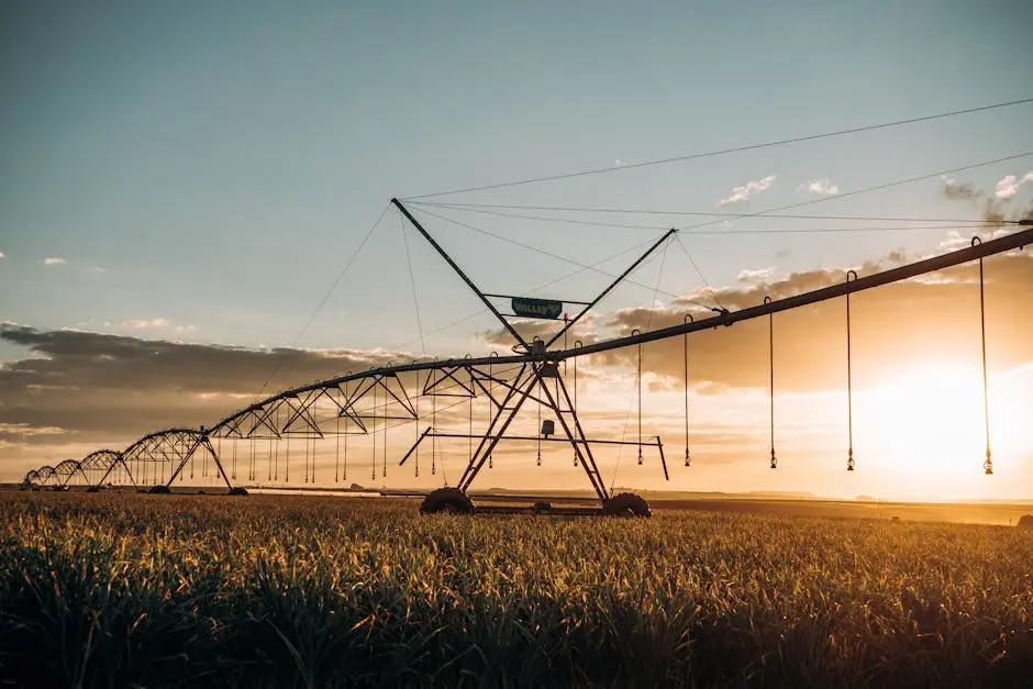 A vast irrigation system spans a lush rural field during a vibrant sunset, showcasing modern agriculture technology.
