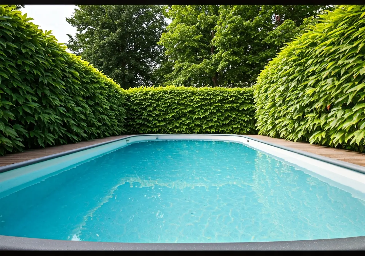 A serene backyard with a modern fiberglass pool and greenery. 35mm stock photo