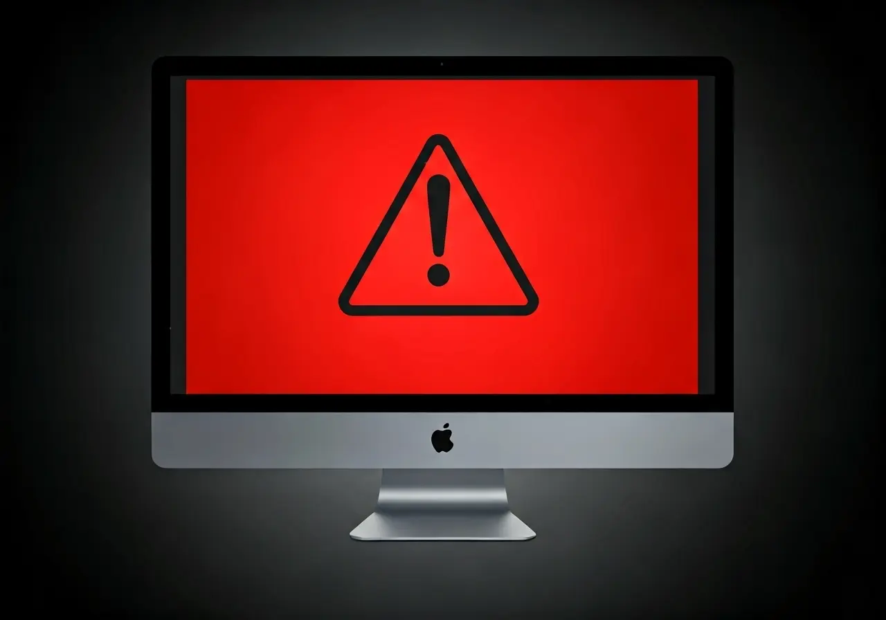A computer monitor showing a red warning sign on the screen. 35mm stock photo