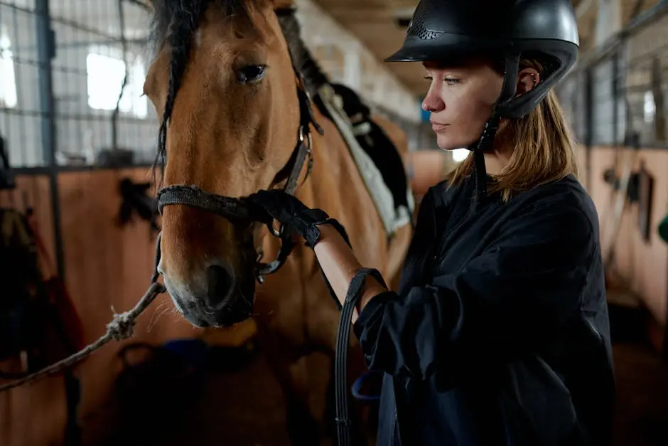 A woman in riding gear bonding with her horse inside a stable.