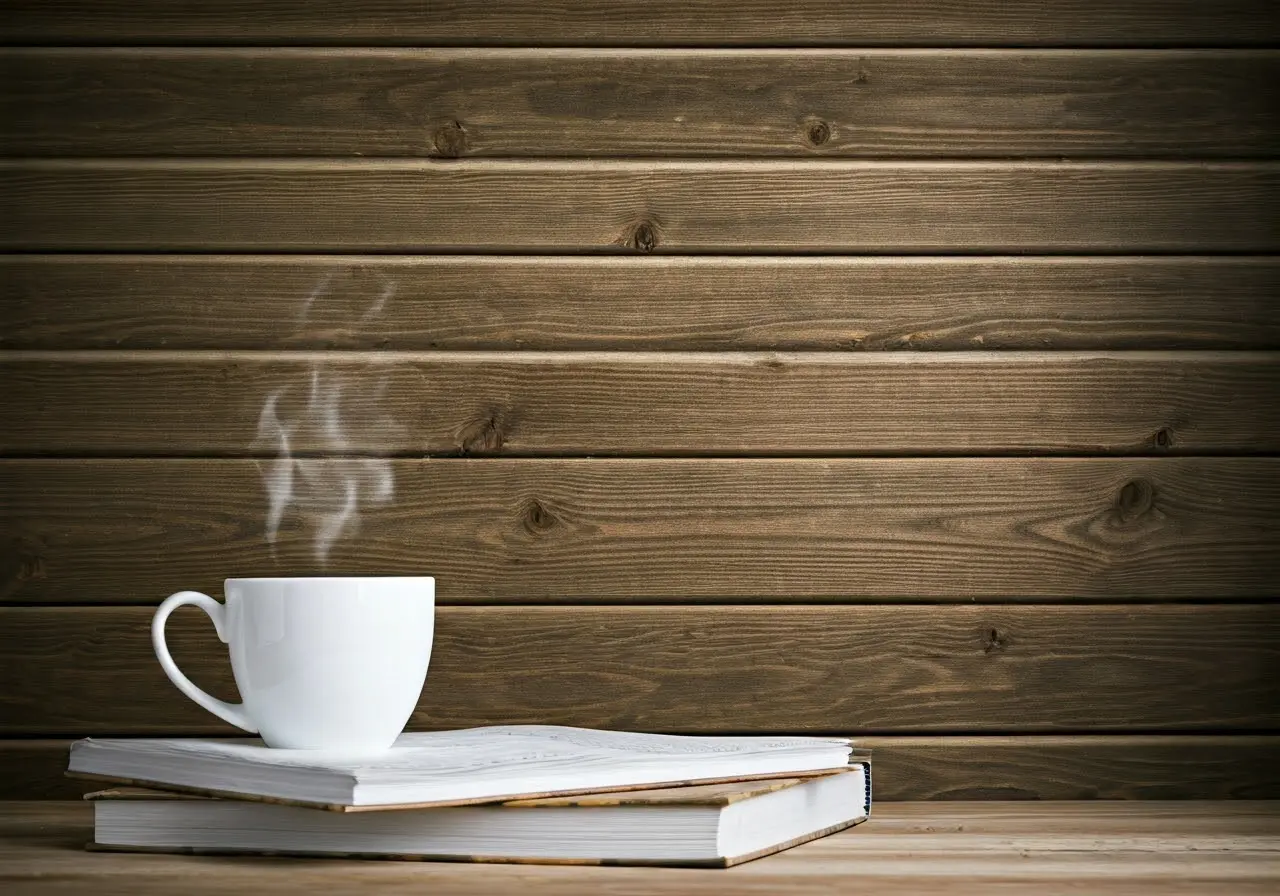 A stack of books with a steaming cup of coffee. 35mm stock photo