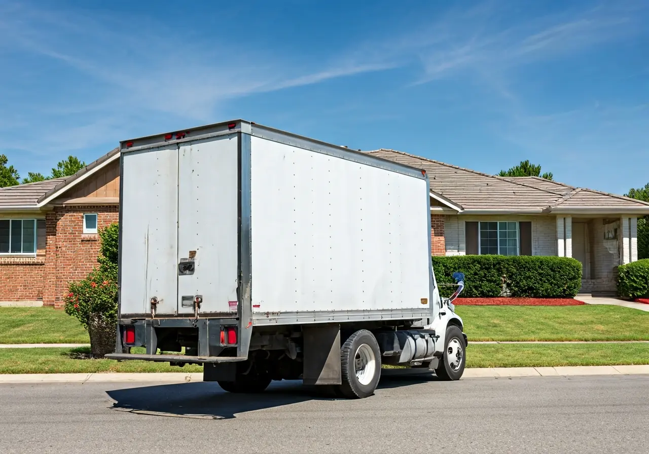 A moving truck parked in front of a suburban house. 35mm stock photo