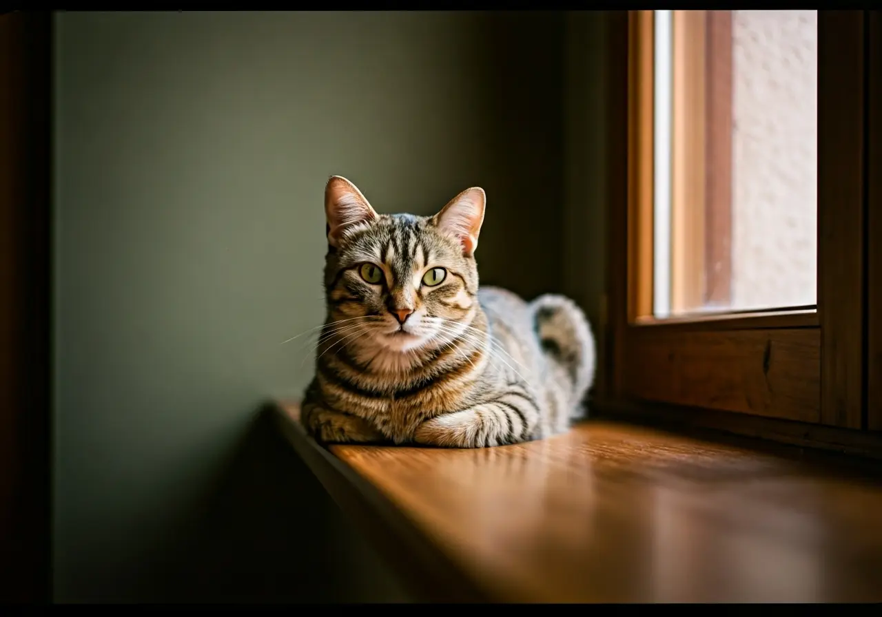 A serene cat lounging on a cozy windowsill. 35mm stock photo