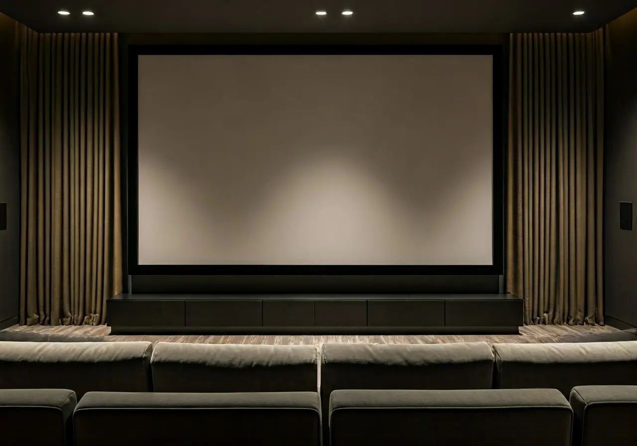 A modern home theater room with a sleek projection screen. 35mm stock photo