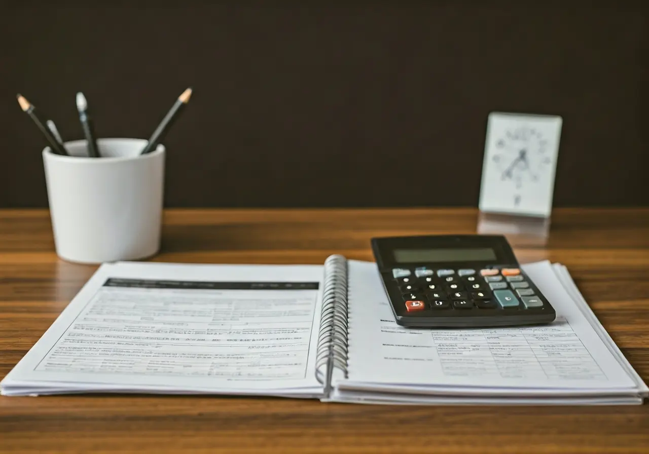 A neatly organized desk with real estate documents and calculator. 35mm stock photo