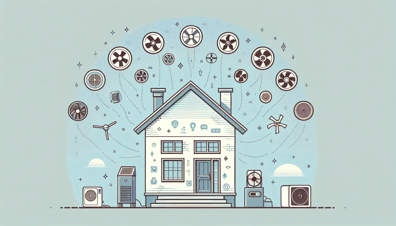 Draw a graphic in flat design style. A simple flat design illustration of a house with a variety of attic fans, labeled with features, hovering around it against a clear sky background.