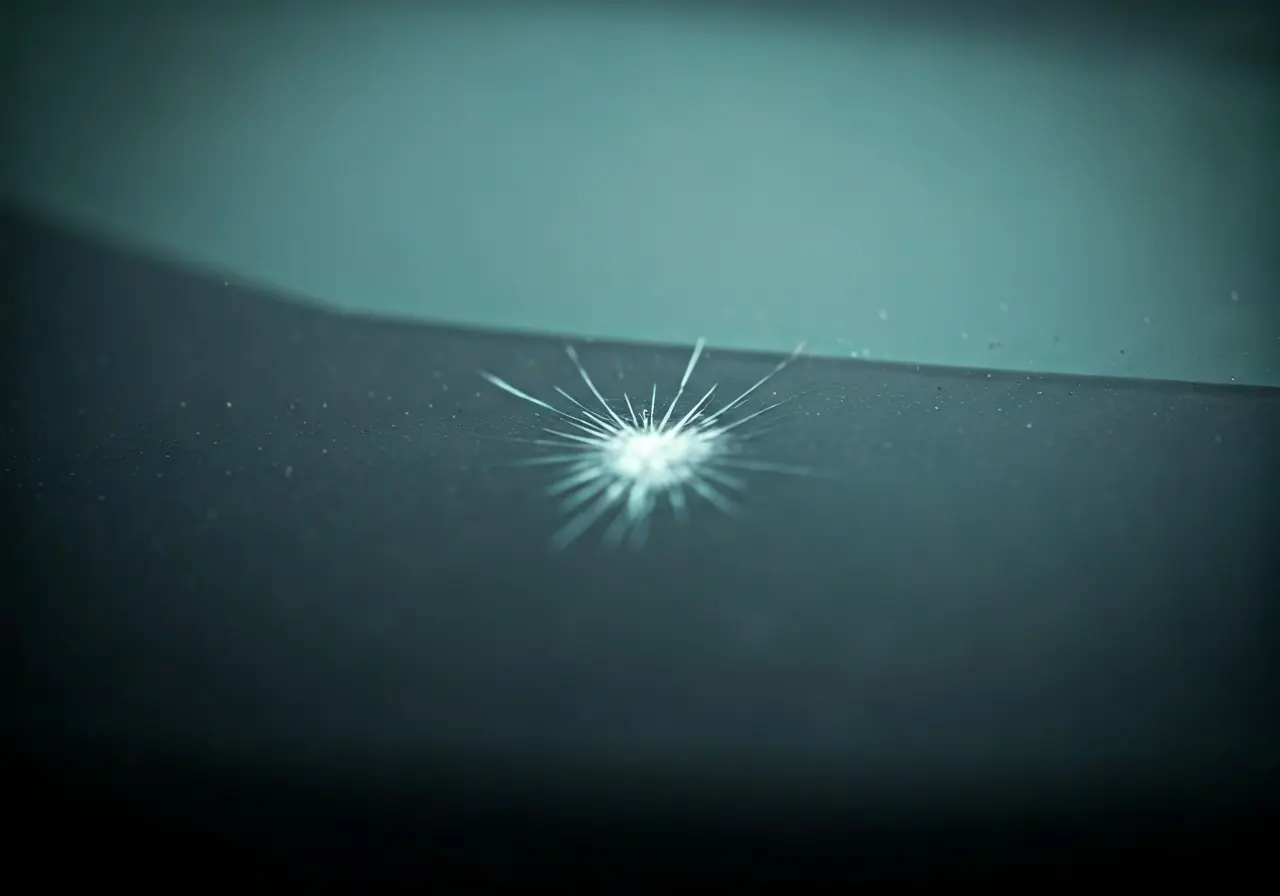 A close-up image of a windshield with a small crack. 35mm stock photo