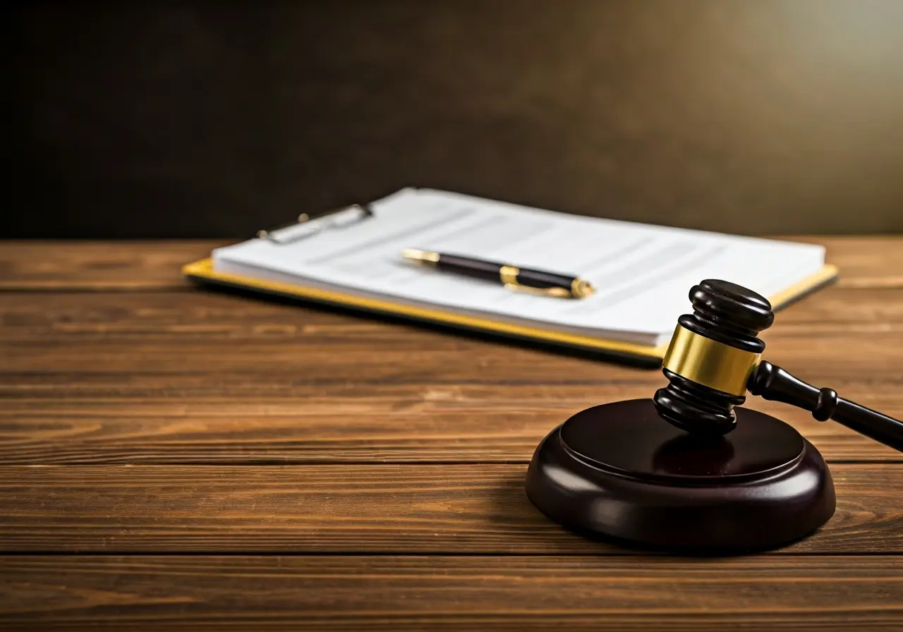 A gavel and legal documents on a wooden desk. 35mm stock photo