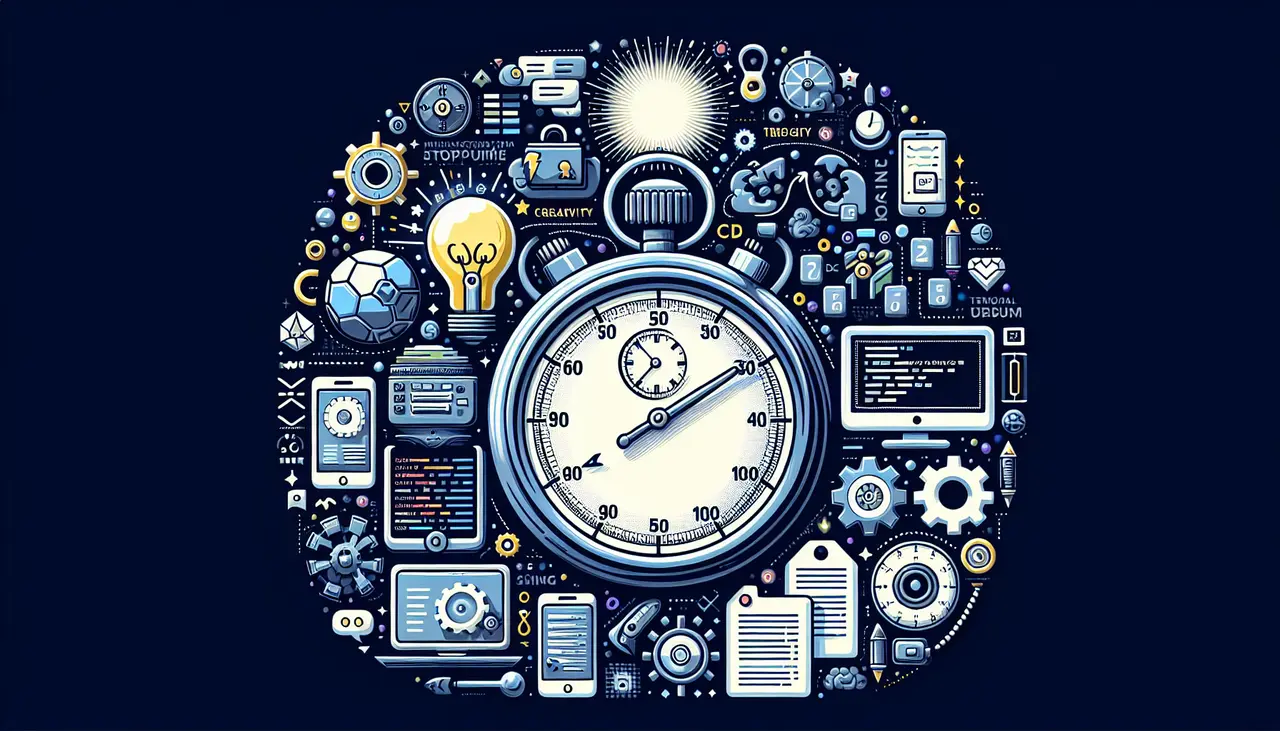 Draw a graphic in flat design style. An illustration of a stopwatch surrounded by icons of a light bulb, code symbols, and a smartphone, symbolizing the process and timeline of app development.