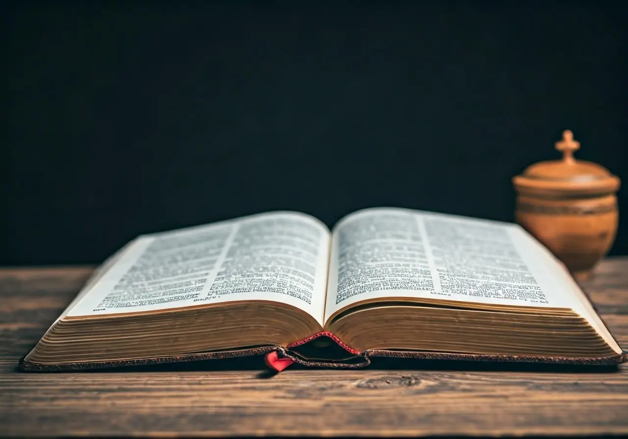 An open Bible beside a small urn on a wooden table. 35mm stock photo