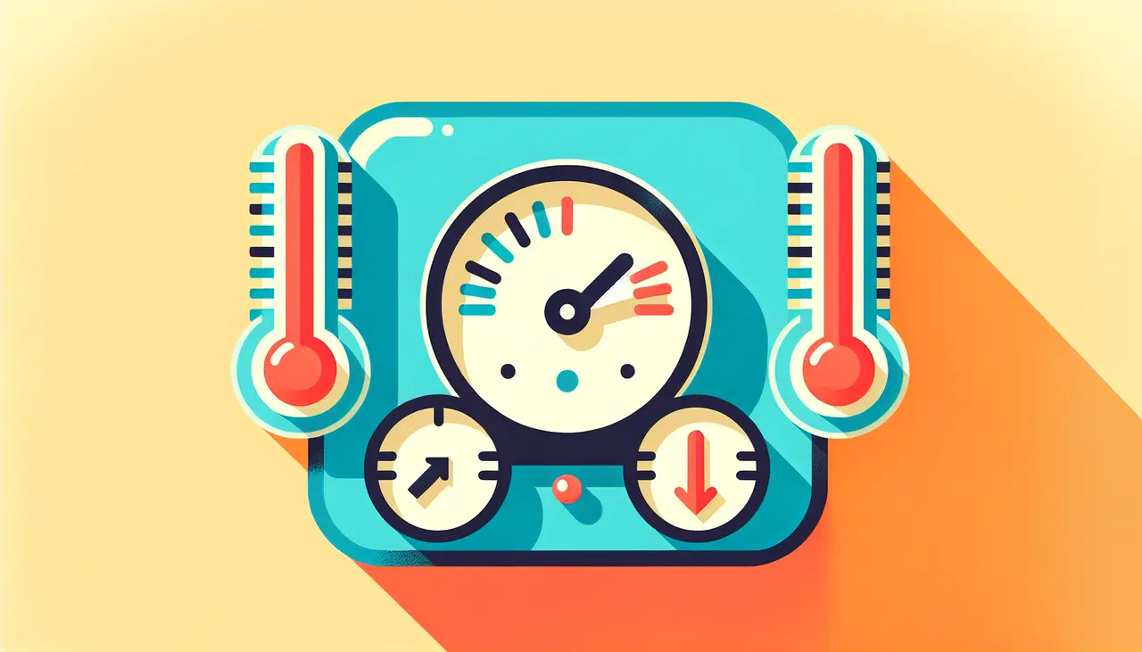 Draw a graphic in flat design style. A minimalist illustration of a pressure gauge and two thermometers, each on either side of the gauge, with exaggerated arrows showing differences in readings.