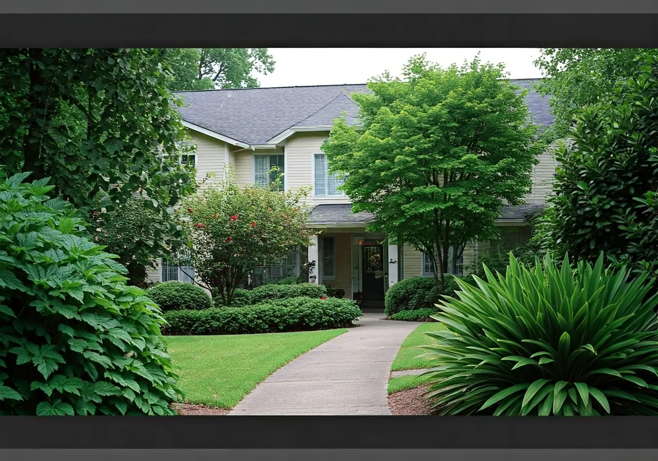 A serene rehab facility surrounded by lush, green foliage. 35mm stock photo