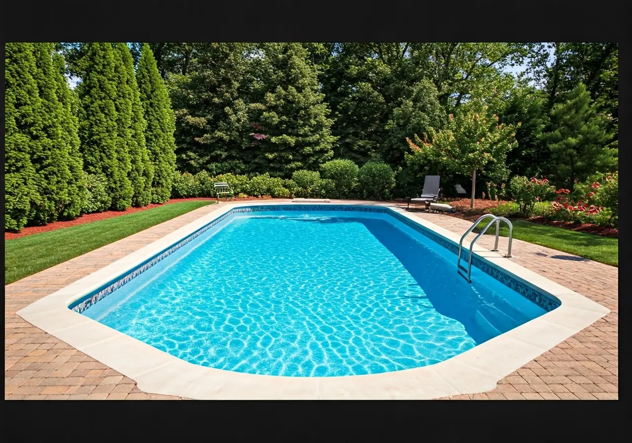 A serene backyard oasis featuring a glistening fiberglass pool. 35mm stock photo