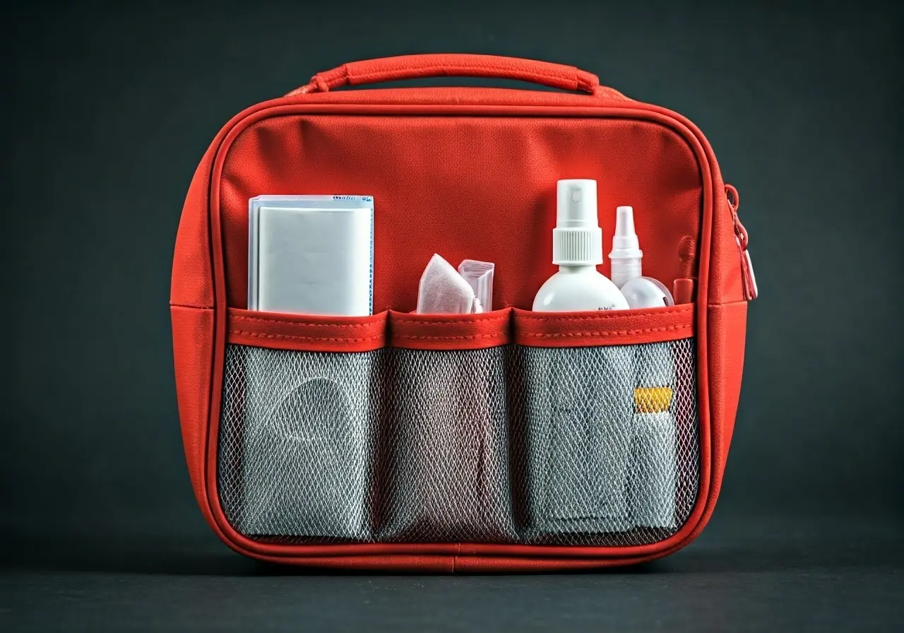 A first aid kit open with various medical supplies visible. 35mm stock photo