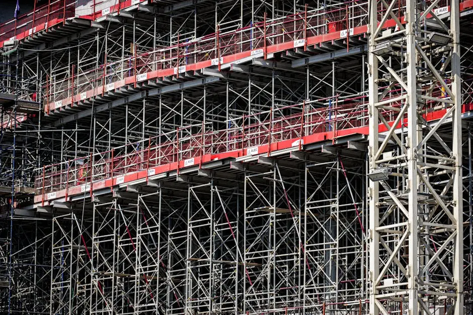 A detailed view of steel scaffolding on a construction site, showcasing architectural design.