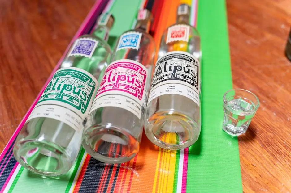 A vibrant display of mezcal bottles and a shot glass on a colorful Mexican blanket.