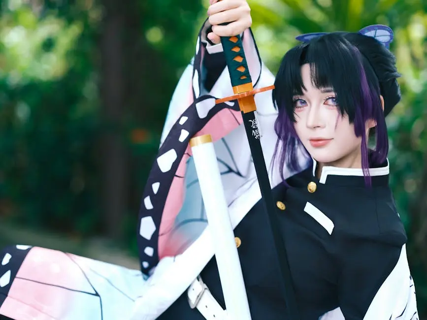 Striking cosplay photograph featuring a detailed portrayal of a popular anime character with sword.
