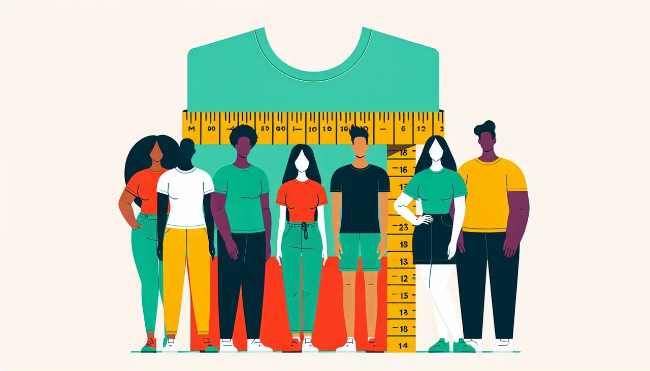 Draw a graphic in flat design style. A flat design illustration of a diverse group of people wearing t-shirts in various sizes, with each person standing next to a measuring tape and size chart.