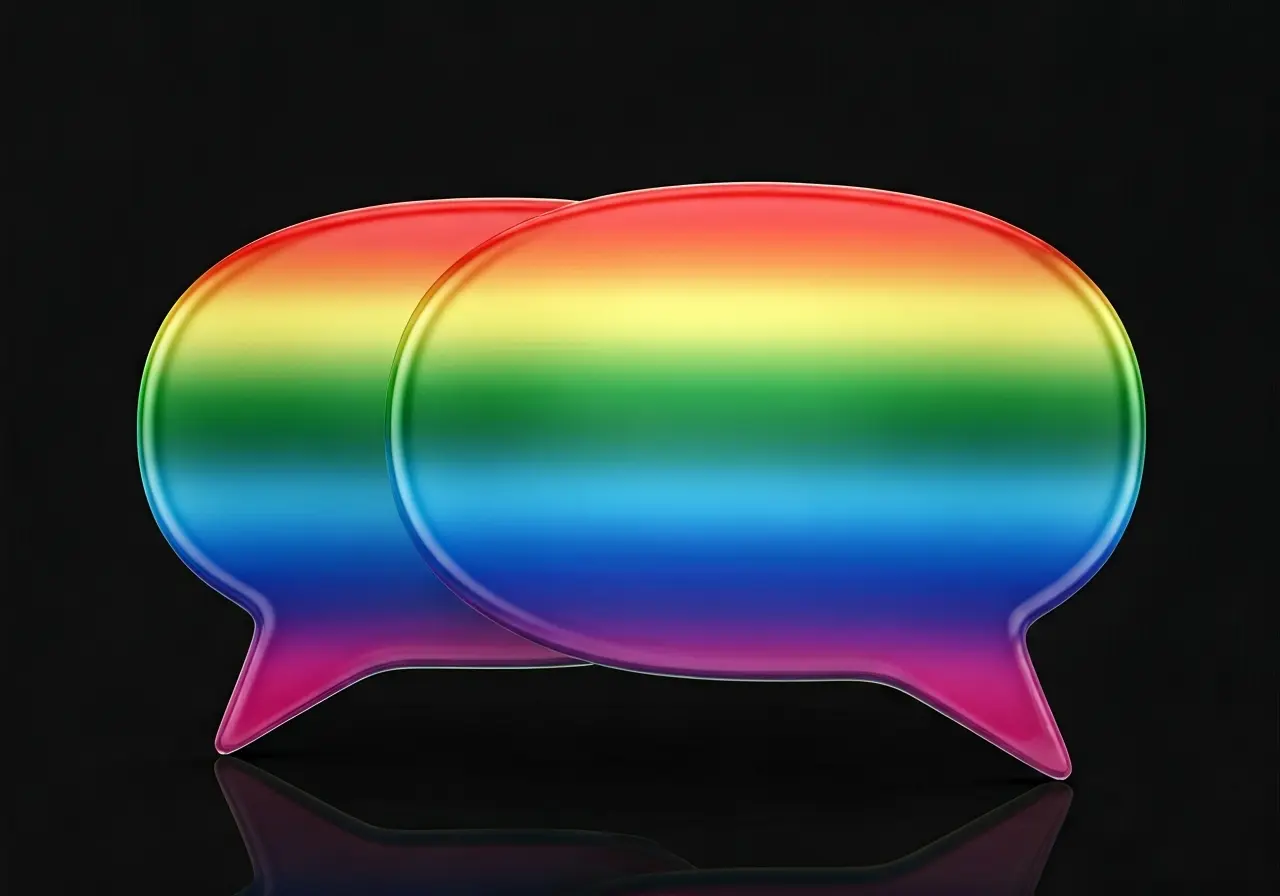 Two speech bubbles with rainbow colors overlapping each other. 35mm stock photo