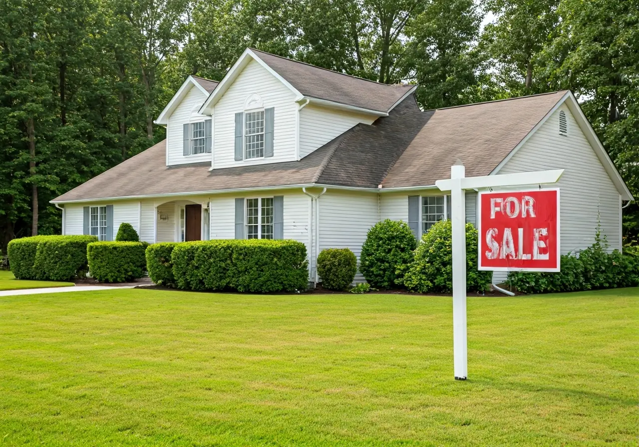 A house with a For Sale sign in the yard. 35mm stock photo