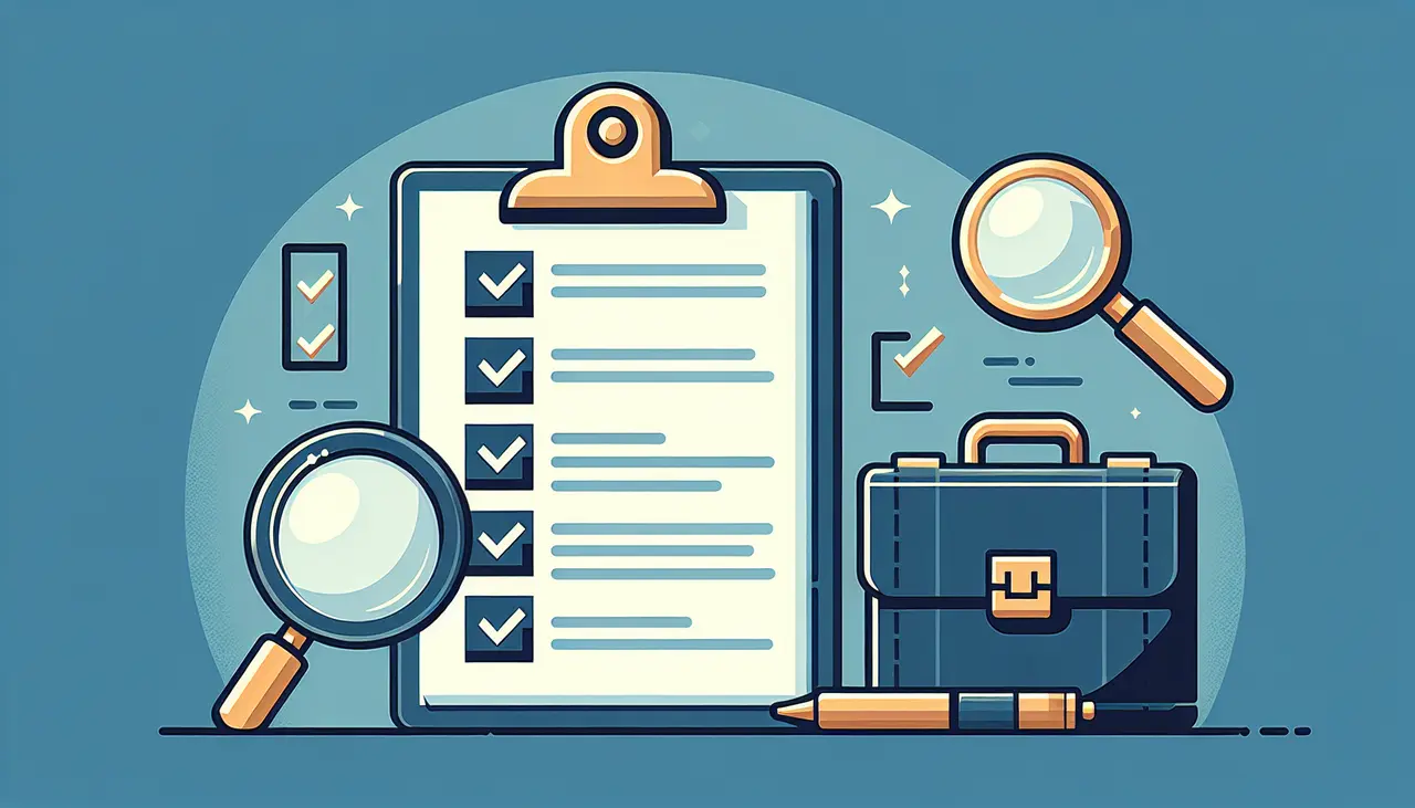 Draw a graphic in flat design style. A flat design illustration of a clipboard checklist with seven checkboxes, a magnifying glass hovering over it, and a briefcase labeled Legal beside them, all symbolizing organized steps for legal assistance after a personal injury.