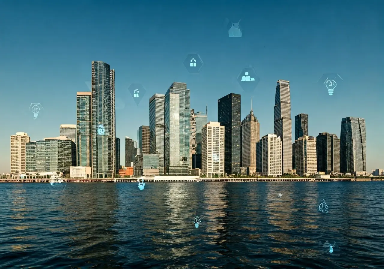 A skyline with digital marketing icons overlayed. 35mm stock photo