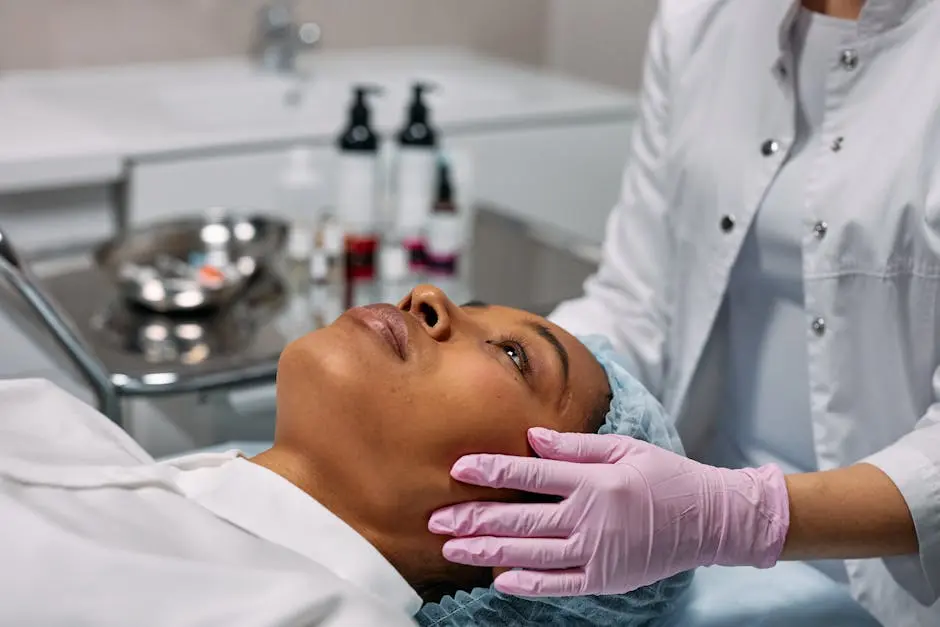 An expert administering a facial treatment to a woman in a modern skincare clinic.