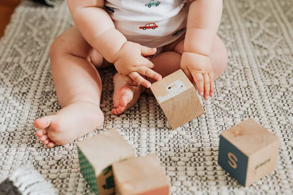 A baby sitting and playing with wooden toy blocks on a textured carpet indoors.